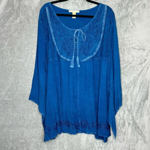 Studio West 3X Shirt Top Blue Solid Asymmetrical 3/4 Sleeve Keyhold Scoop Neck